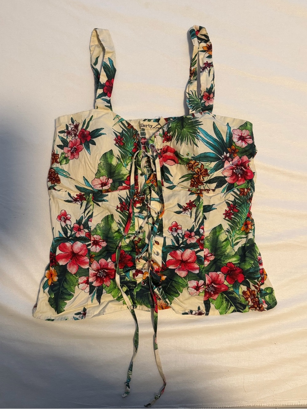 Liberty Love White Floral Smocked Lace-up Front Camisole with Tropical Print